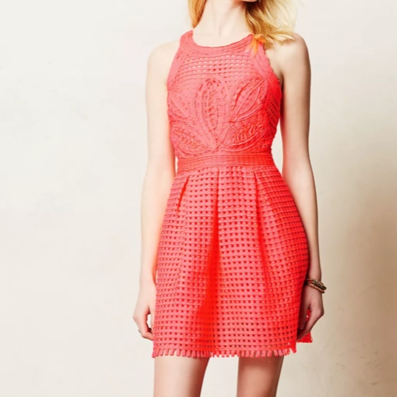 Anthropologie Bright Coral Crochet Detail Fit and Flare Dress | Size 0 - Picture 1 of 8